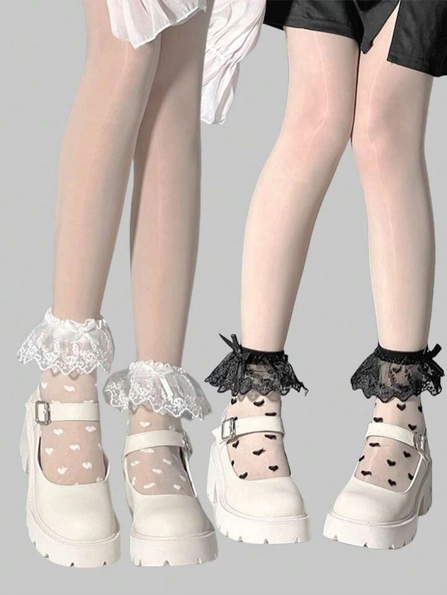 ROMWE Kawaii 2 pares de calcetines con lazo de encaje para verano, calcetines JK Lolita con cristales de media pantorrilla, calcetines de malla de corazón de unicolor para mujer