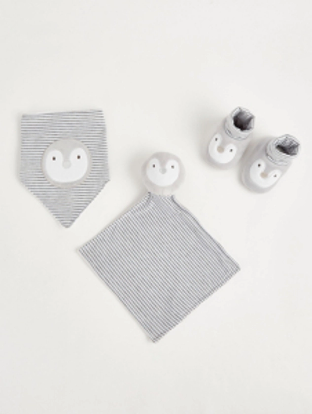 Grey Penguin Print Dribble Bib Comforter and Booties Set