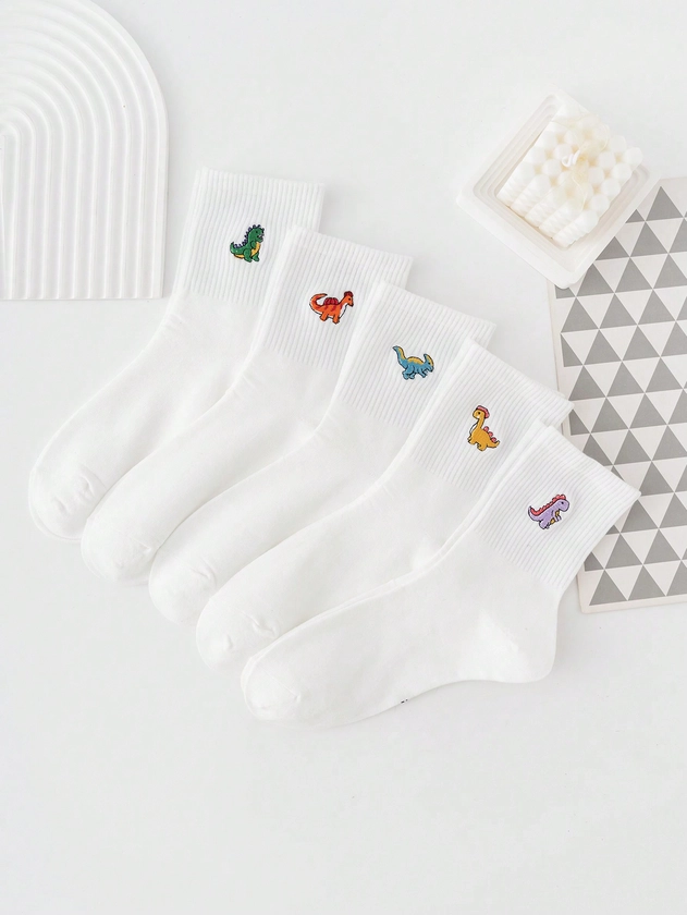 5 Paires De Chaussettes Mi-mollet Brodées De Dinosaure Pour Femmes, Pour Un Usage Quotidien Et Des Occasions Décontractées