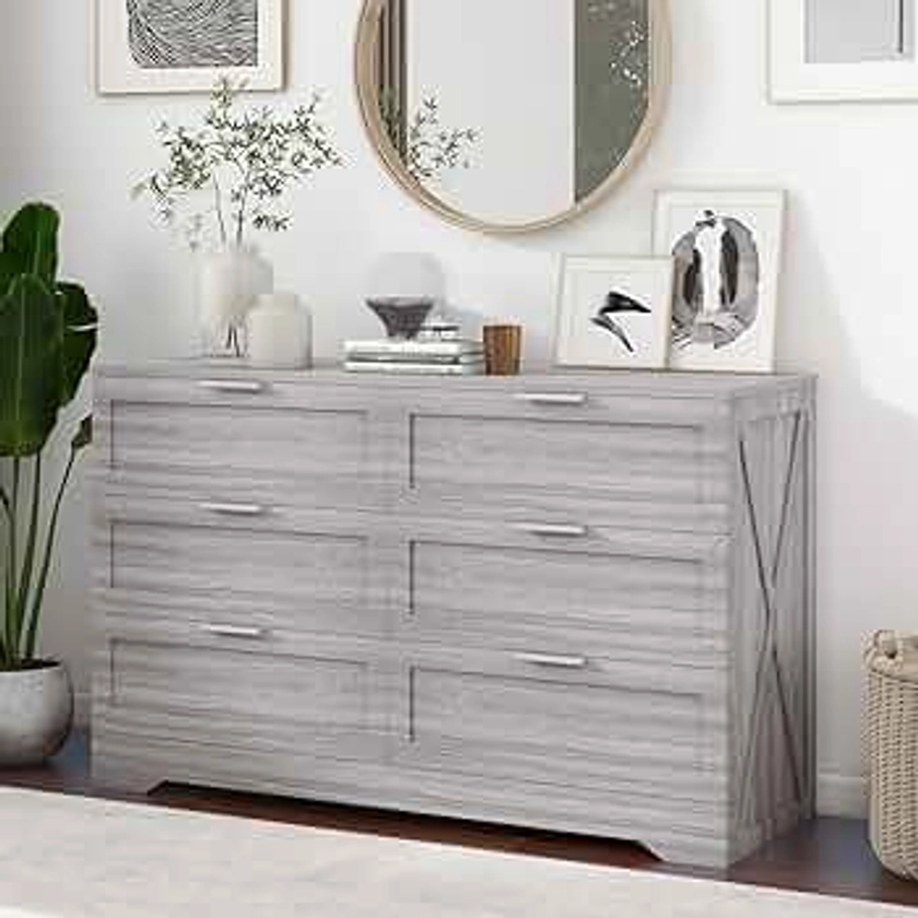 Modern 6-Drawer Dresser for Bedroom, Dresser Chest of Drawer with Large Drawers & Golden Handles, Wooden Dresser Drawer Storage Unit for Bedroom, Living Room, Closet (Wash Grey)