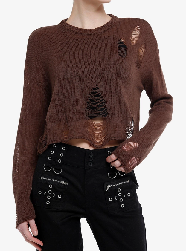 Social Collision® Brown Distressed Girls Crop Sweater
