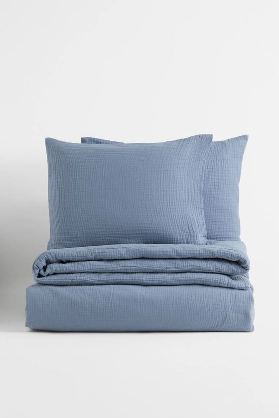 Muslin double/king duvet cover set - Pigeon blue - Home All | H&M GB