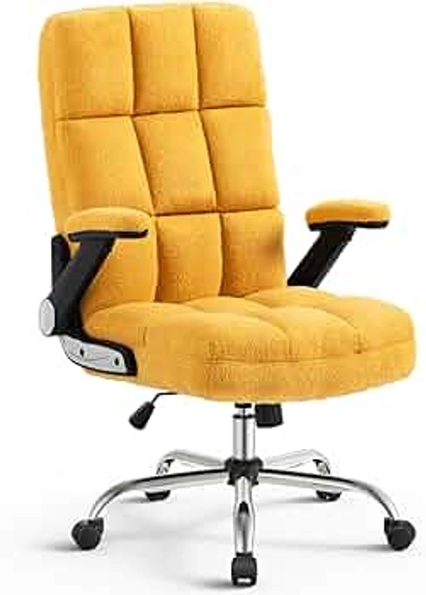 SEATZONE High Back Home Office Chair Comfy Faux Fur Executive Computer Desk Chair with Wheels and Flip-up Arms,Rocking Big&Tall Ergonomic Task Chair Yellow Thick Padding