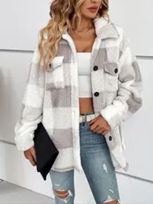 Women's Plaid Print Button Front Drop Shoulder Fuzzy Coat, Casual Long Sleeve Collared Flap Pocket Outerwear for Fall & Winter, Ladies Clothes for Daily Wear