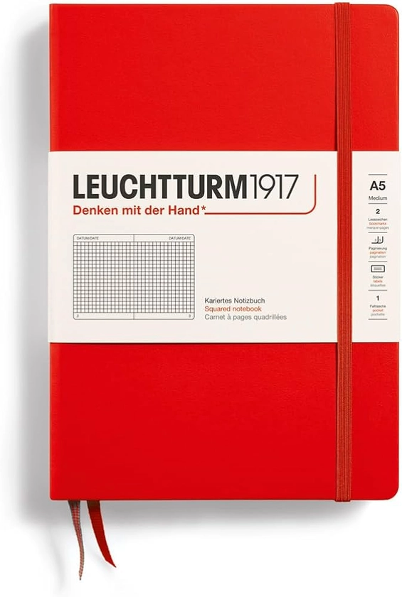 LEUCHTTURM1917 312564 Carnet de notes Medium (A5), Couverture rigide, 251 pages numérotées, Rouge, quadrillé