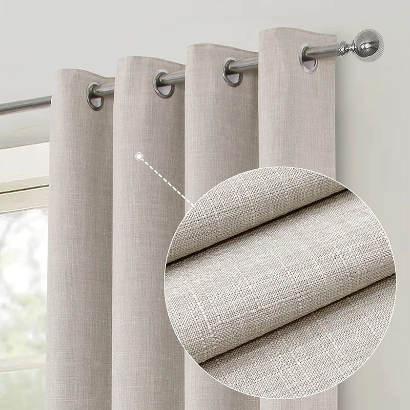 always4u Linen Look 100% Blackout Eyelet Curtains Thermal Energe Saving for Bedroom 1 Pair Noise Reducing Solid Modern Window Treatment for Home Decoration Natural W90*L90