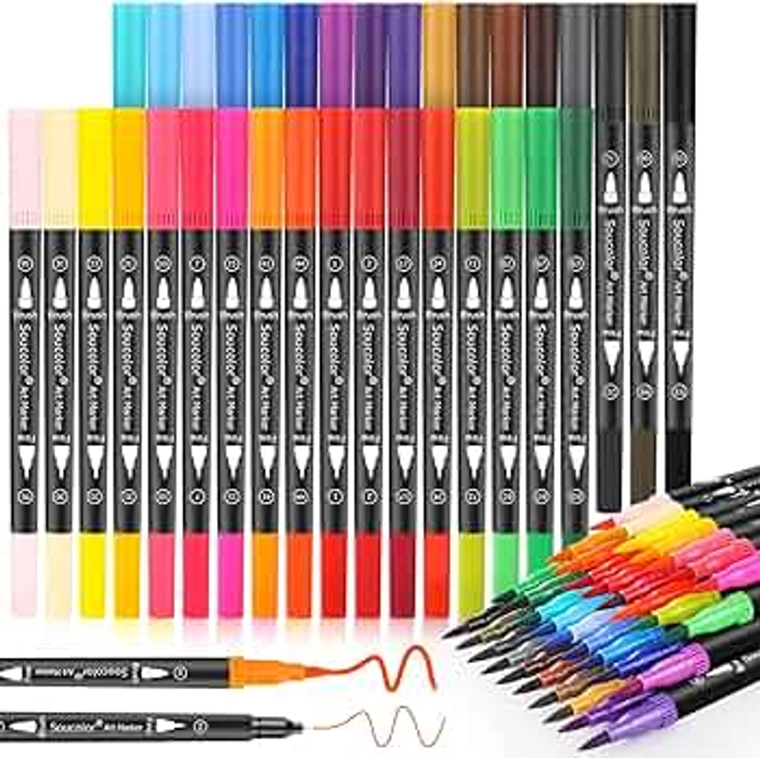 Soucolor Art Brush Markers Pens for Adult Coloring Books, 34 Colors Numbered Dual Tip (Brush and Fine Point) Marker Pen for Kids Note taking Planner Hand Lettering Calligraphy Drawing Journaling