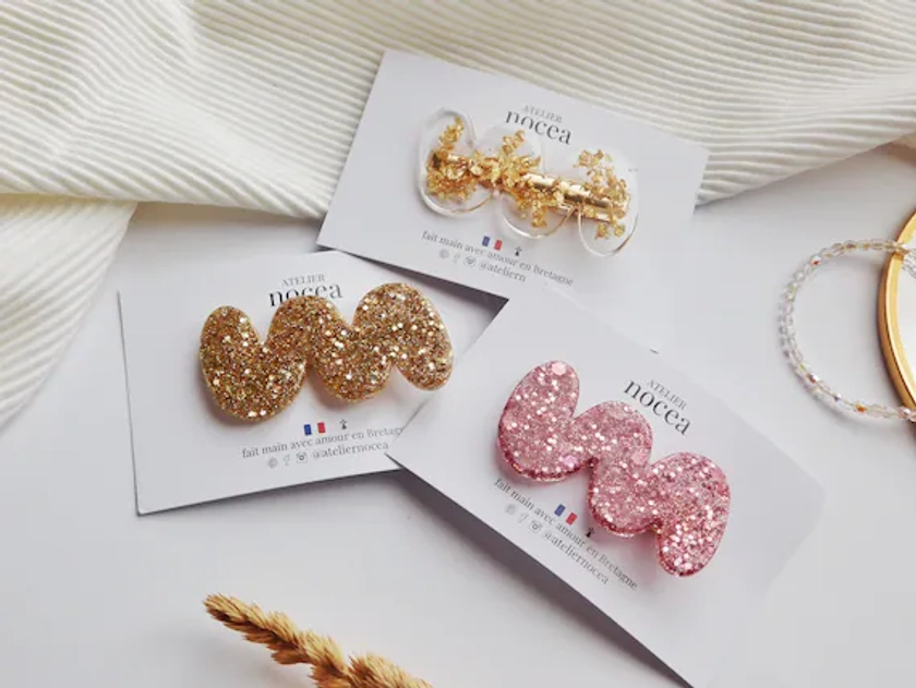 Barrette Résine à paillettes pour les cheveux, Idée cadeau petit budget, Pince crocodile pour Femme et Enfant, Accessoire de coiffure