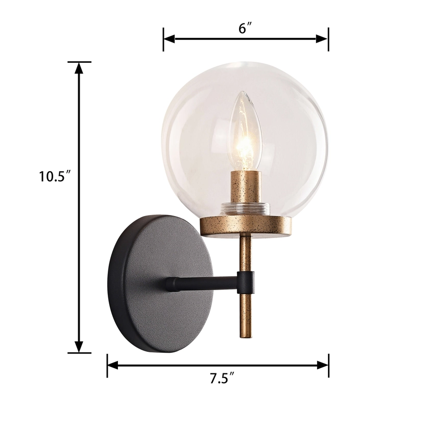 Alda 1-Light Tumbled Brass and Black Glass Globe Wall Sconce - 6 inches W x 10.5 inches H x 7.5 inches D