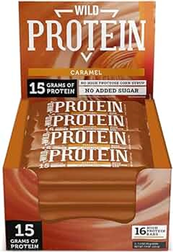 Wild Protein | Barras altas en proteína | Sabor caramelo | Pack de 16 unidades | 15 g de proteína | Sin azúcares ni grasa añadida | 45 g cada barra