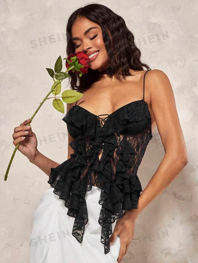 SHEIN BAE Glamorous Women Black Lace Cami Top With Sheer Details, Ruffle Hem And Irregular Hemline, Perfect For Romantic Valentine's Day Date