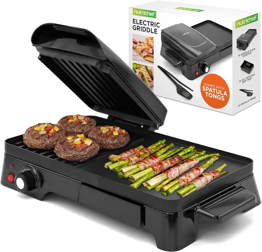 Nutrichef 3-in-1 Grill, Griddle, & Panini Press - Nonstick Coating, Temperature Control - Multiuse Countertop Sandwich Maker - Removable Drip Tray - 1500W - Compact Griddle - 20.3 x 12.5 x 5.3, Black