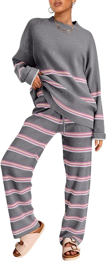LILLUSORY 2 Piece Outfits for Women 2024 Oversized Striped Sweaters Sets Cozy Knit Sets
