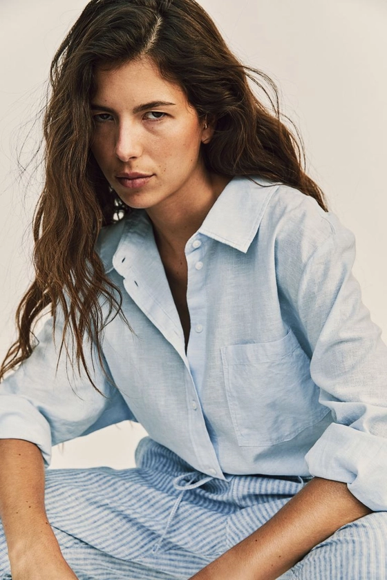 Linen-blend shirt - Light blue - Ladies | H&M GB