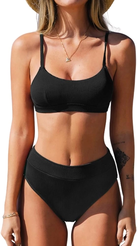 Amazon.com: CUPSHE Bikini Set for Women Two Piece Swimsuits High Waisted Adjustable Spaghetti Straps Back Hook Backless, S Black : Clothing, Shoes & Jewelry