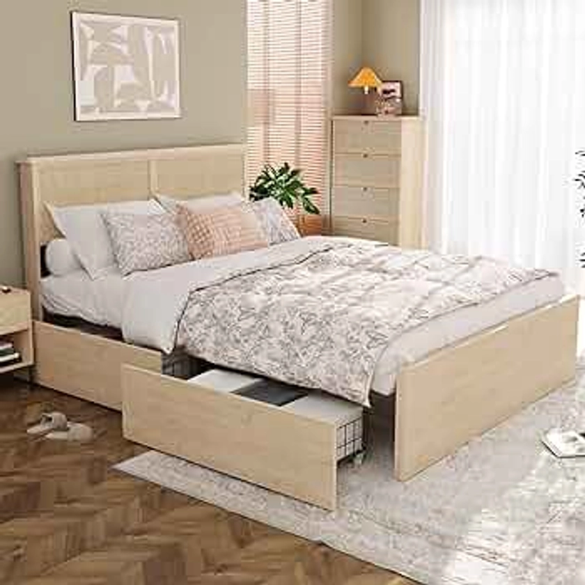 Yechen Queen Bed Frame with Natural Rattan Headboard and Wooden 4 Storage Drawers, Metal Platform with Strong Wooden Slats Support, Boho Cane Bed Mattress Foundation, No Box Spring Needed