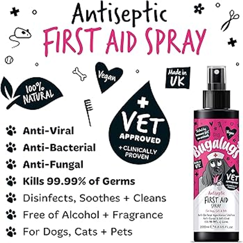 BUGALUGS First Aid Pet Antiseptic spray for dogs, puppy & cats 200ml - Antibacterial, Antiviral, Antifungal spray for cuts, wounds & itchy skin : Amazon.co.uk: Pet Supplies