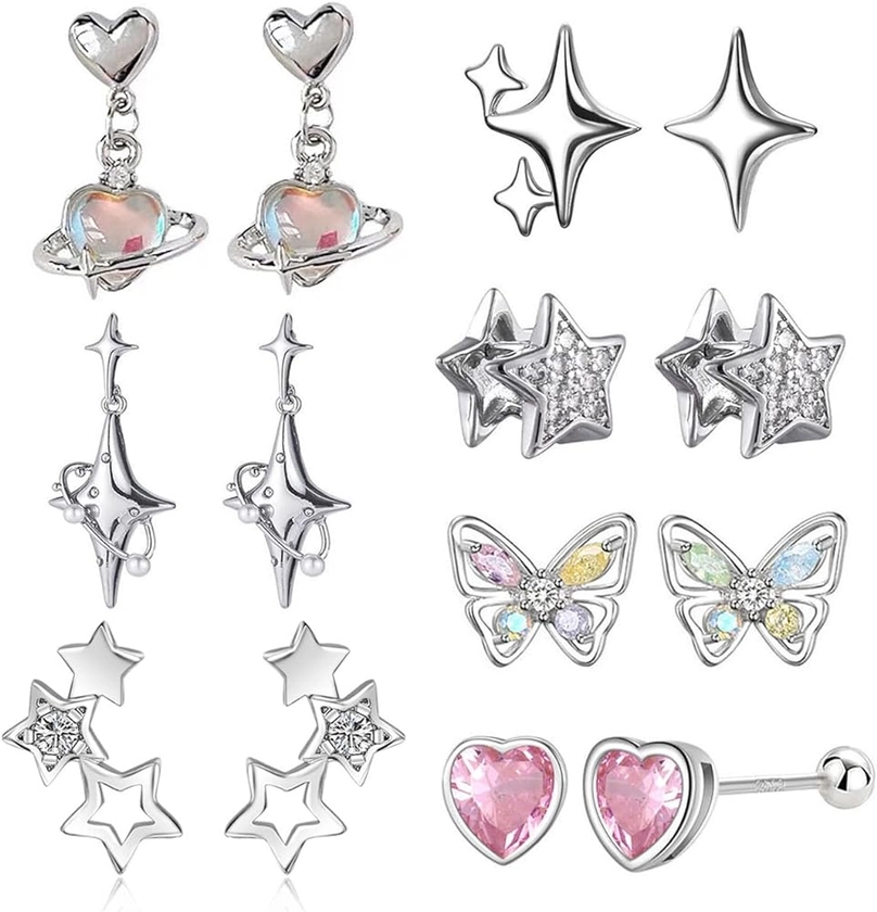 14PCS Y2k Earrings Pink Heart Earrings for Women Silver Star Stud Earrings Set Y2k Accessories Aesthetic Jewelry