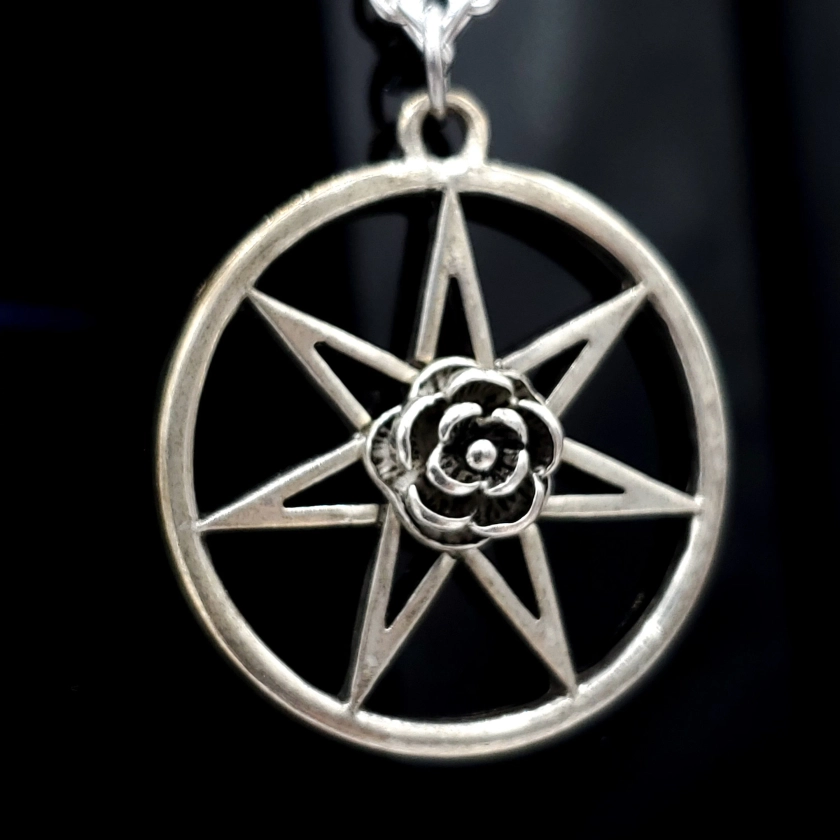 Rose Fairy Star Talisman/ Septagram/ White Witch Magic Necklace/ Seven Pointed Star Wiccan Necklace/ Elven Star