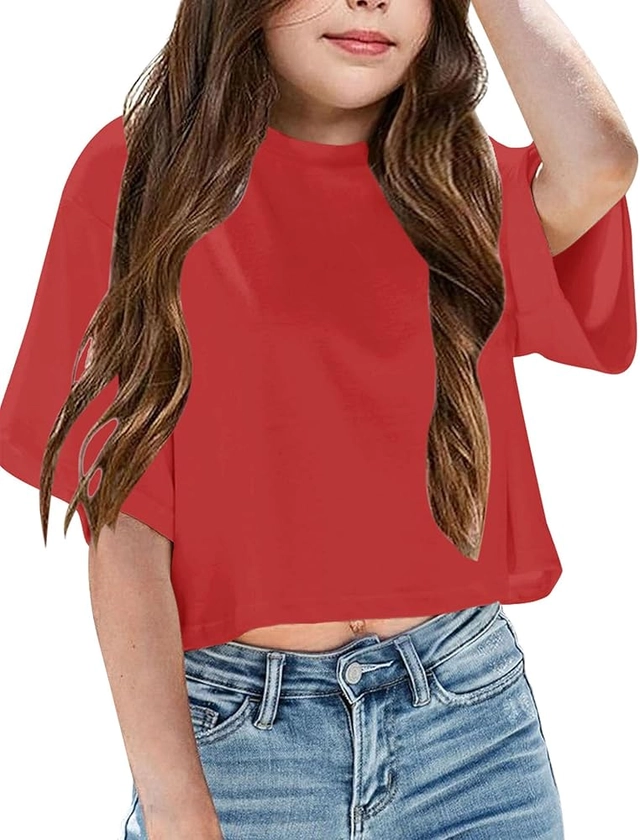 Yuccalley Girls Summer Round Neck Short Sleeve Crop Tees Casual Loose Fit Tees