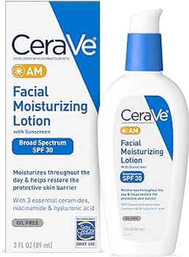 CeraVe AM Facial Moisturizing Lotion with SPF 30 | Oil-Free Face Moisturizer with SPF | Formulated with Hyaluronic Acid, Niacinamide & Ceramides | Non-Comedogenic | Broad Spectrum Sunscreen | 3 Ounce
