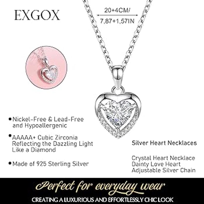 EXGOX Silver Heart Necklaces, 925 Sterling Silver Necklace for Women Crystal Heart Necklace Dainty Love Heart Necklace Adjustable Silver Chain Necklace Women Birthday Gift (White-Crystal Heart)