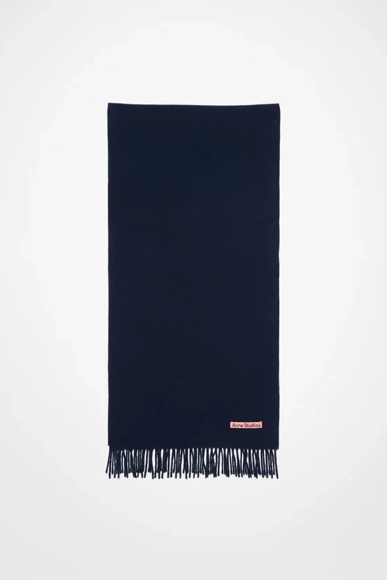 Fringe wool scarf – Narrow - Navy blue