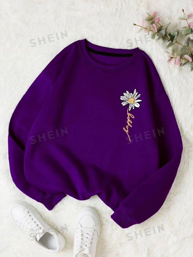 SHEIN Essnce Letter & Floral Print Thermal Pullover for Sale Australia| New Collection Online| SHEIN Australia