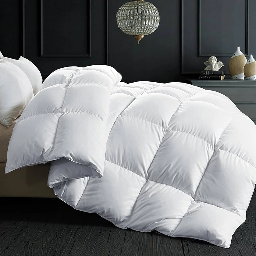 ELNIDO QUEEN® Feather Comforter Filled with Feather & Downfiber- All Season White Full Size Duvet Insert - Luxurious Fluffy Hotel Style Bedding Comforter Ultra Soft 100% Cotton Cover Full 82x86 Inch