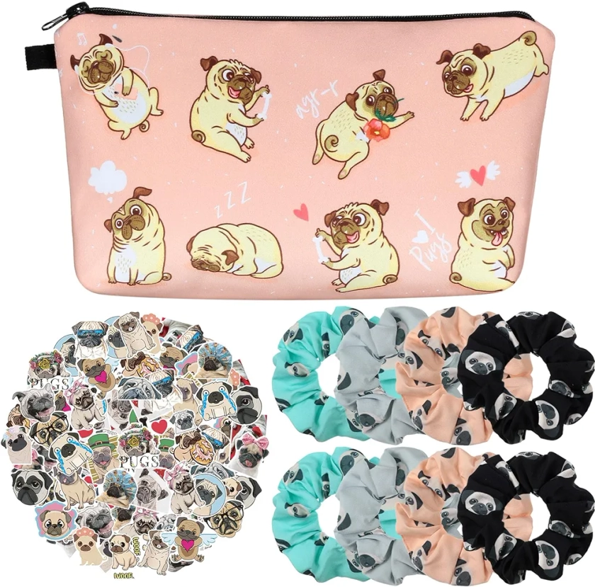 8 Pieces Cute Hair Scrunchies with Funny Makeup Bag and 50 Pieces Kawaii Stickers, Cotton Rounds Elastic Hair Bands and Cosmetic Bags Organizer Girls Hair Accessories for Girls (Pug Dog)