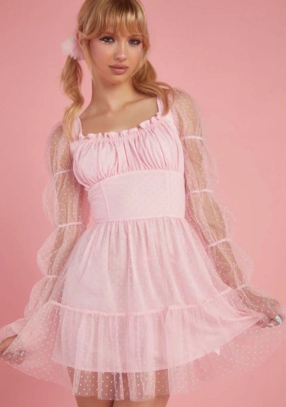 Sugar Thrillz Sheer Cinched Puff Sleeve Mini Dress - Pink