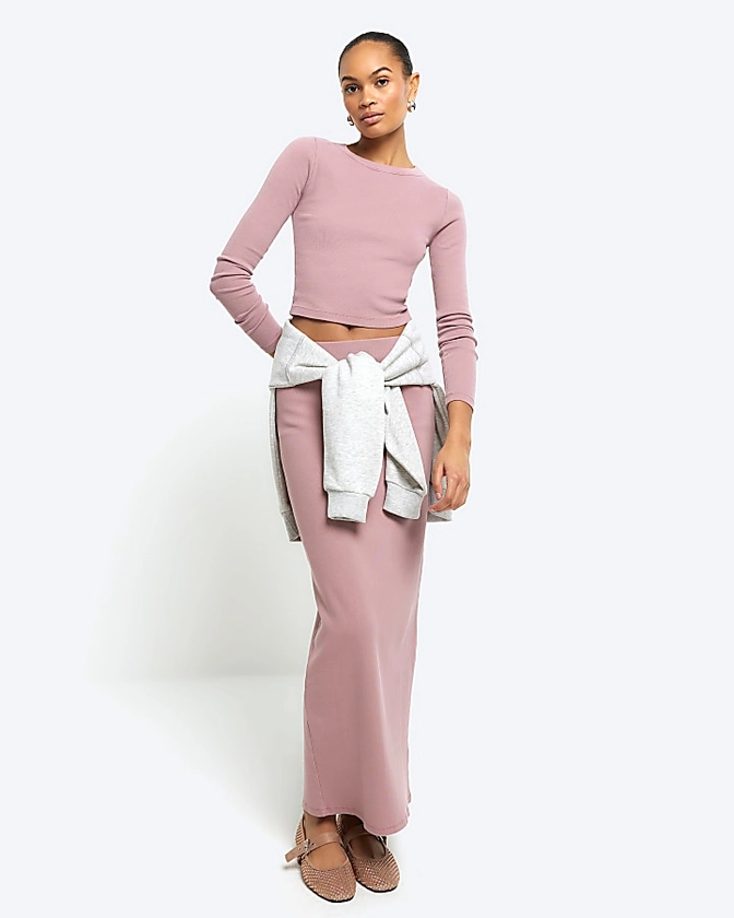 Pink Long Sleeve ribbed Cropped Top | River Island