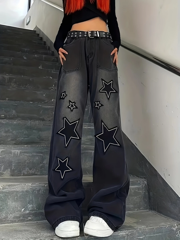 Star Pattern Chic Baggy Jeans, Loose Fit Slant Pockets Wide Legs Jeans, Women's Denim Jeans & Clothing