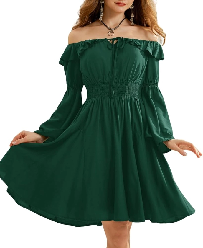 Amazon.com: Renaissance Off Shoulder Mini Dress for Women A Line Long Sleeve Pirate Dress Dark Green : Clothing, Shoes & Jewelry