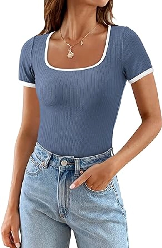 PRETTYGARDEN Women's Summer Short Sleeve T Shirts Ribbed Knit Square Neck Color Block Slim Fit Basic Casual Crop Tops Blouses (Grey Blue,XX-Large) at Amazon Women’s Clothing store