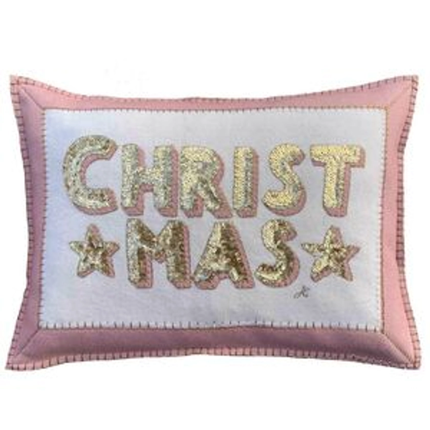 Pink Christmas Cushion On Wool Felt With Gold Sequins