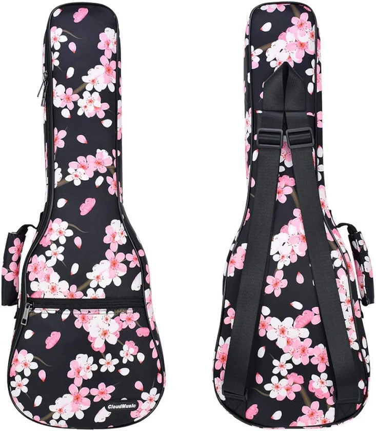 CLOUDMUSIC Ukulele Case Pink Sakura Cherry Flowers With Backpack Straps(Concert 23, In Black)