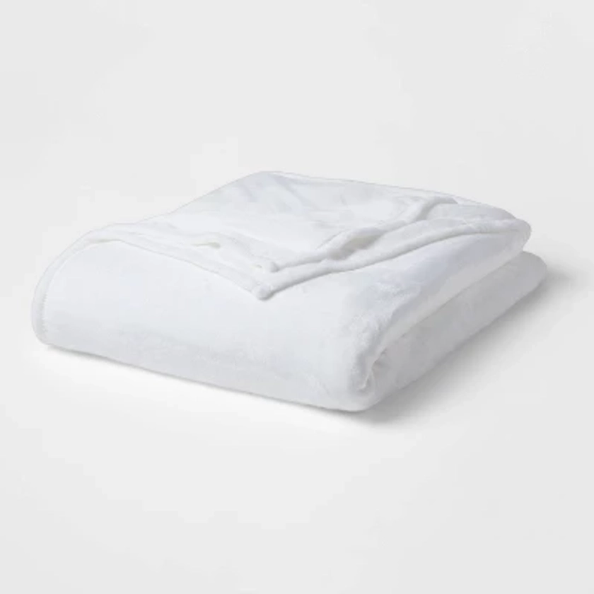 Twin/Twin XL Solid Plush Bed Blanket True White - Room Essentials™: Cozy Lightweight Fleece, Machine Washable