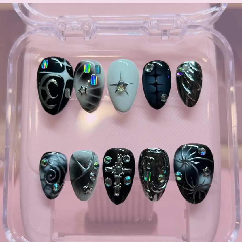 Custom cyber punk Press On Nails, black goth nails, food nails, 3D art nails, long lasting press ons, goth nails, y2k nails, instagram nails