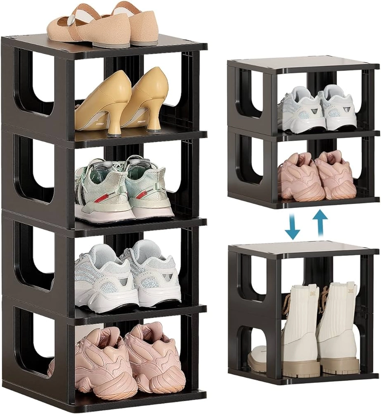 Shoe Organizer Rack for Small Spaces 5 Tier Plastic Vertical Narrow Shelves for Closet Black Shoe Holder, Stand For Entryway Storage Boots Organizer Stackable Cabinet