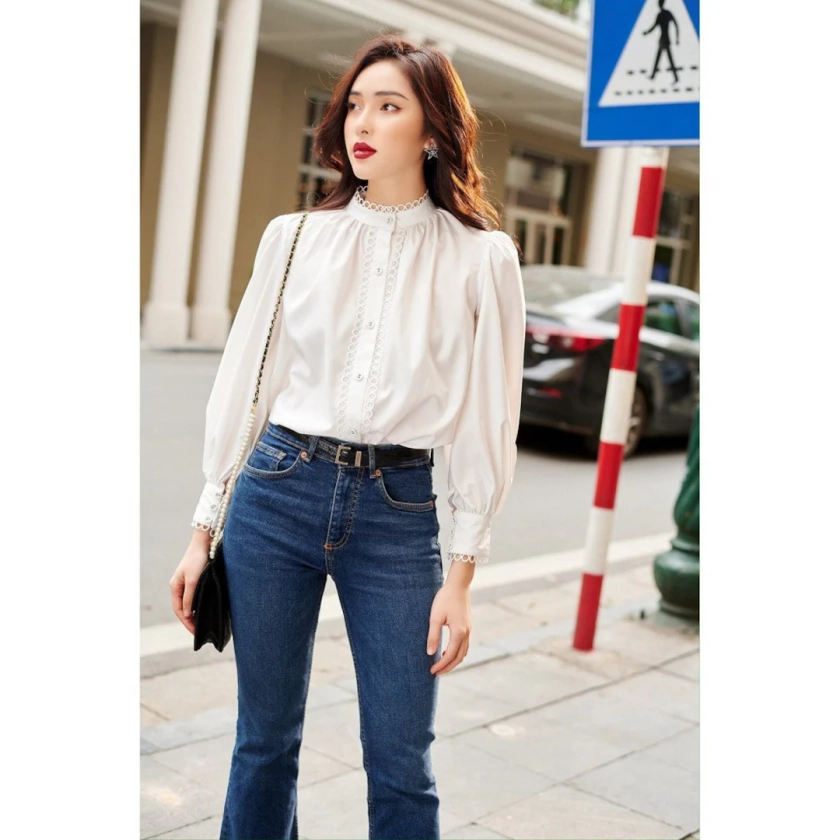 Shirred Linen Blouse with Lace Trim - Cotton Poplin Women Blouse - White Linen Top with Long Bishop Sleeves