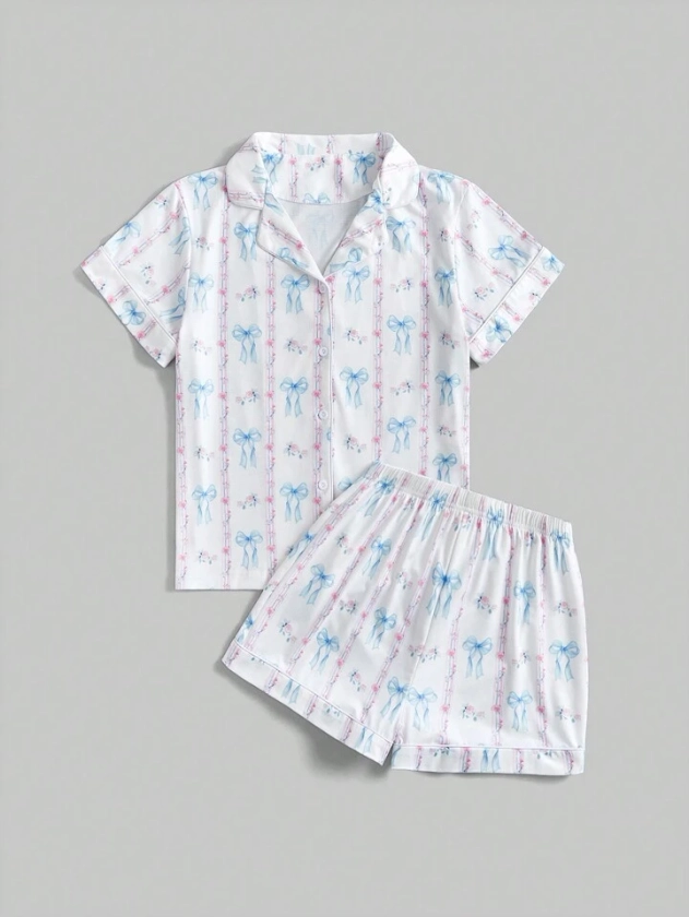 ROMWE Kawaii Butterfly And Floral Print Short Sleeve Pajamas Set With Lapel And Button Placket, Palace Style For Women