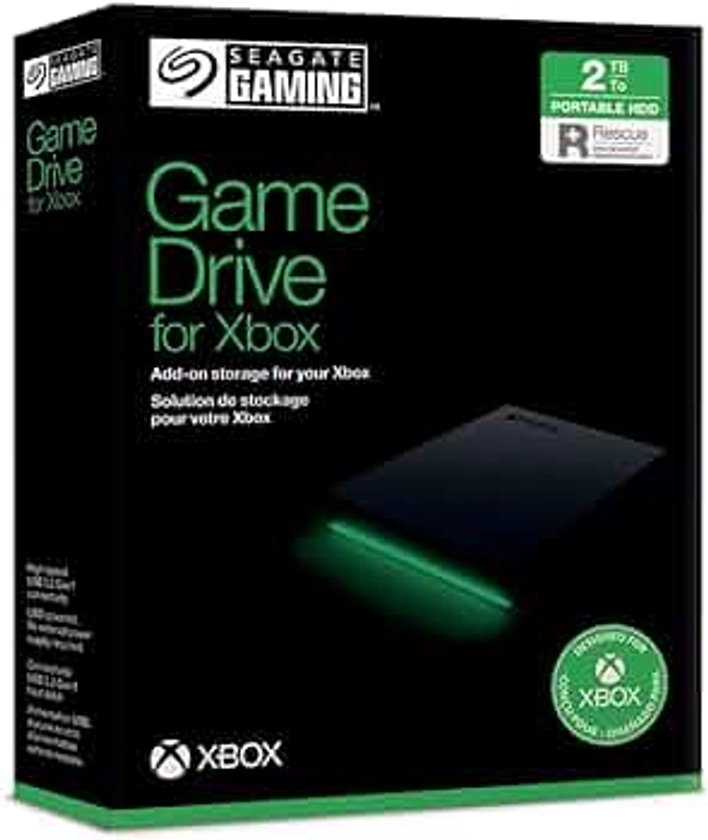 Seagate Game Drive for Xbox, 2TB, External Hard Drive Portable, USB 3.2 Gen 1, Black with built-in green LED bar, Xbox Certified, 3 year Rescue Services (STKX2000400)