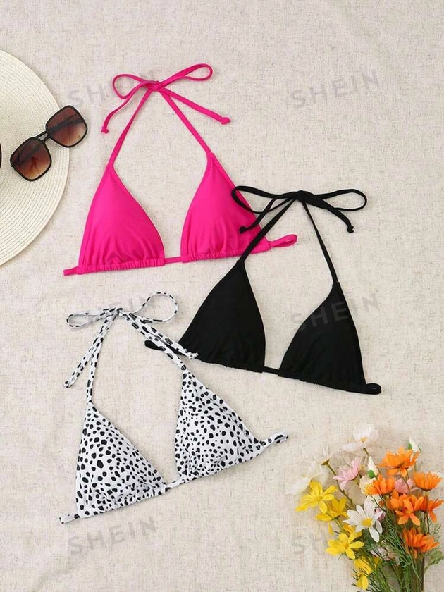 SHEIN Swim Women's Fashionable Solid Color & Polka Dot Bikini Top For Summer Beach Swimming