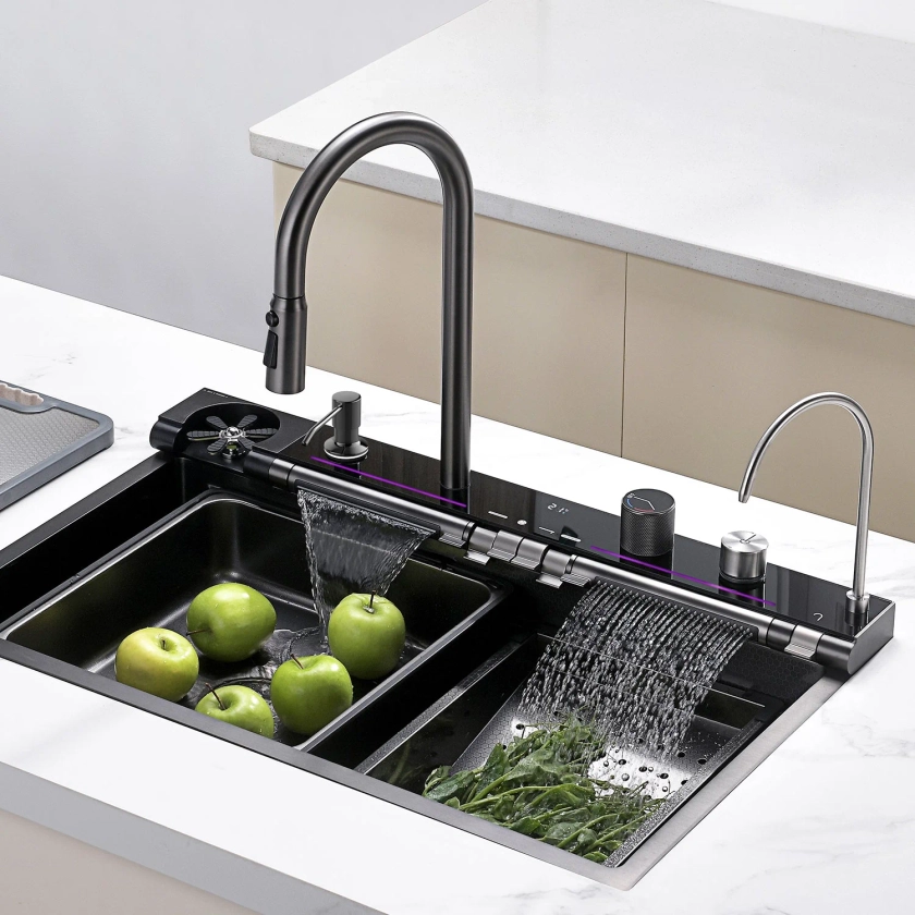 Lefton Adjustable Waterfall Faucet Kitchen Sink with Digital Temperature Display & LED Lighting-KS2207