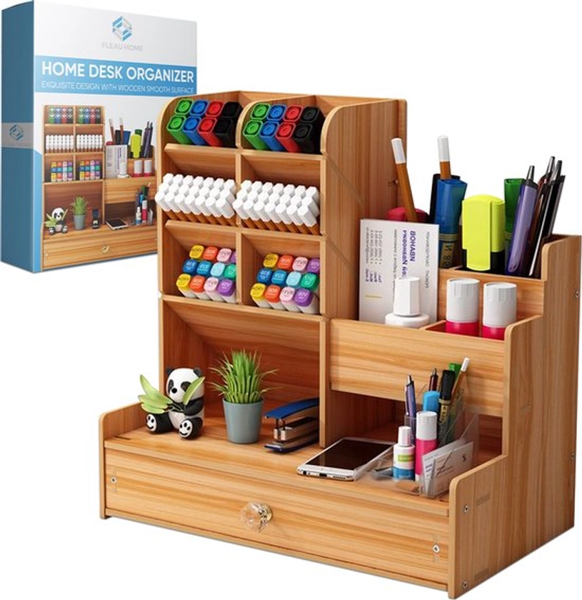 Fleau Home Bureau Organizer met Lade - Pennenhouder - Pennenbakje Hout/Fineer - Pennenbak - Desk Organiser