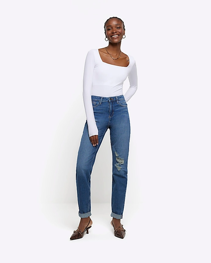 Blue high waisted mom ripped jeans