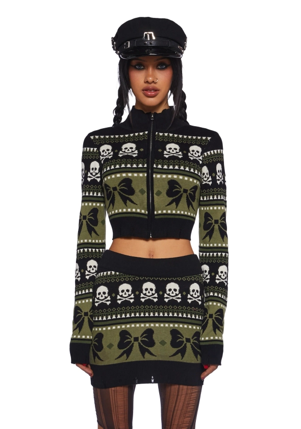 Current Mood Punquetee Punk Fair Isle Skull Bow Geometric Zippered Sweater Knit Cardigan And Skirt Set -