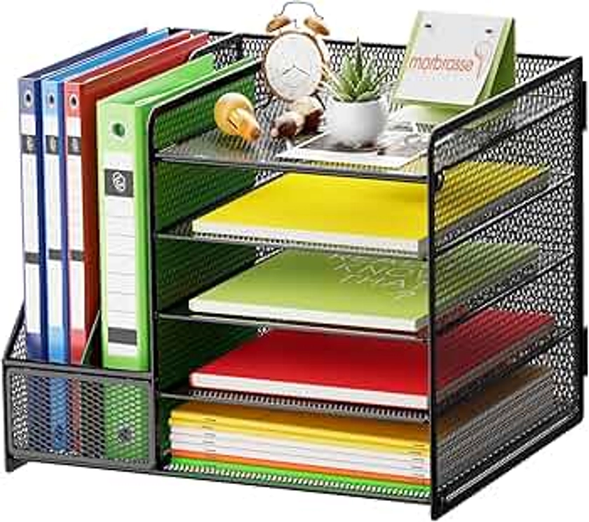 Marbrasse Desk Organizer with File Holder, 5-Tier Paper Letter Tray Organizer, Mesh Desk Organizers and Accessories with Magazine Holder, Desktop Organizer and Storage for Office Supplies (Black)