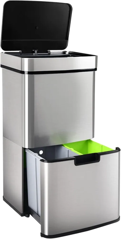 VERTAK Poubelle de Cuisine 62Litres bacs à ordures de cuisine avec 3 compartiments pour Ordures Ménagères, Déchets Alimentaires et Recyclable Volume de 2 x 12.5L et 37L Argenté